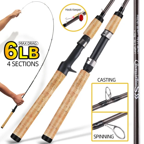 sougayilang 2.1m ultra light wooden handle spinning rods casting fishing pole carbon fibre bass trout rods cork handle pole