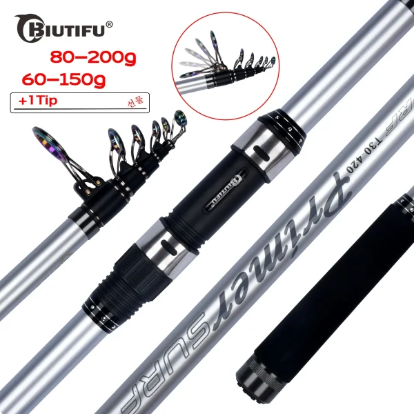 biutifu telescopic surf fishing rods 3.9/4.2/4.5/5.0/5.3m 30t carbon travel spinning power 60 200g throw surfcasting shore pole