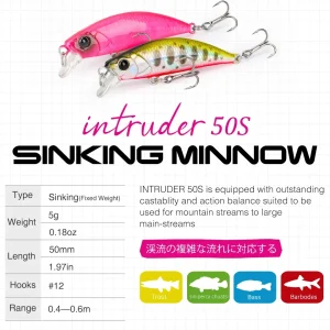 tsurinoya 50mm 5g 50s sinking minnow fishing lure intruder trout artificial hard baits jerkbait long casting stream tackle